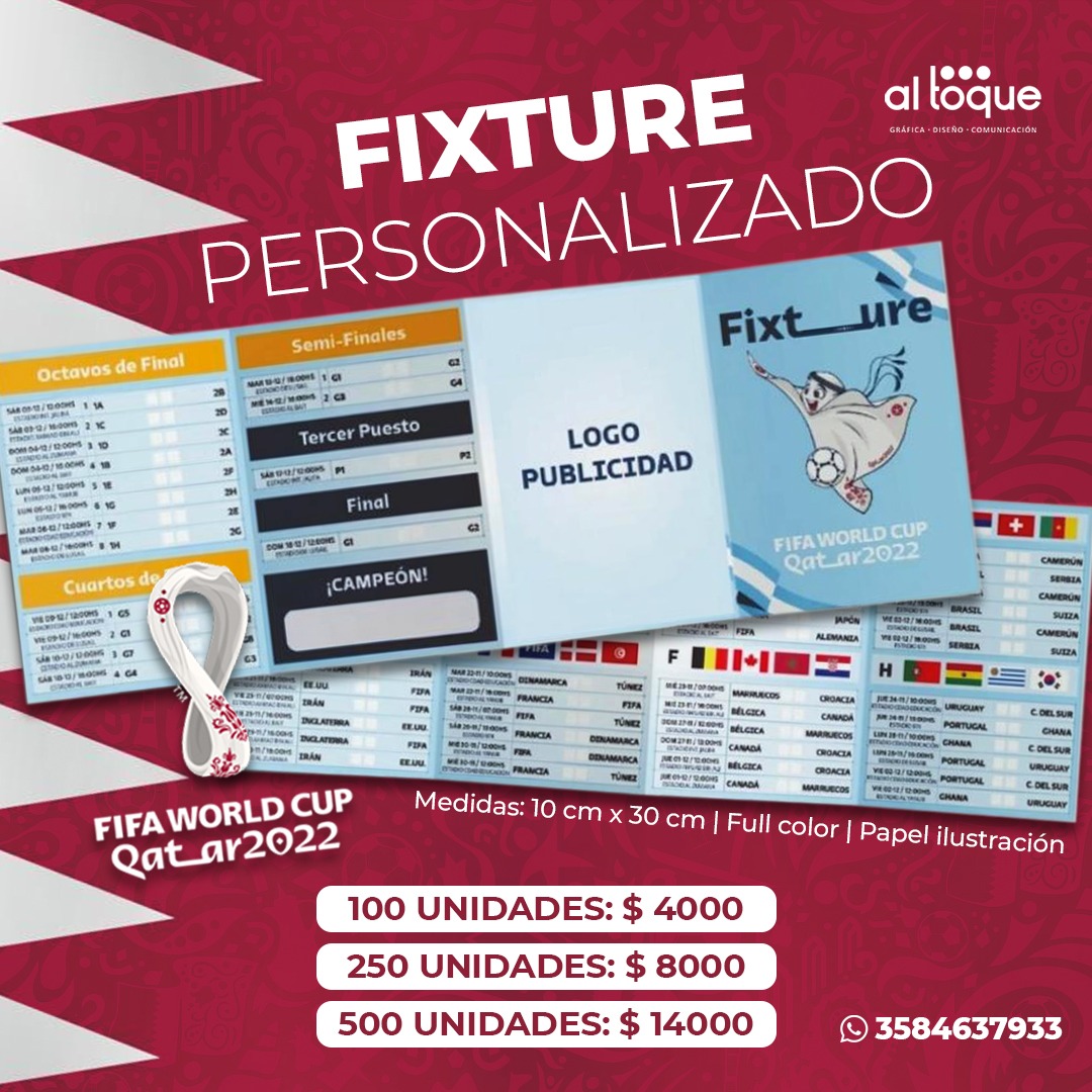 graficaaltoque's tweet photo. FIXTURE MUNDIAL QATAR 2022 ⚽🇶🇦

Empezamos a palpitar el Mundial y qué mejor que tu marca esté presente en el fixture  🔥

Encargá los tuyos. En el flyer las distintas opciones que tenemos  👇🏻 https://t.co/Lz8m7T54UU