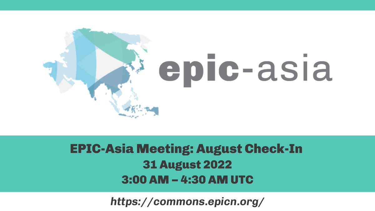 EPICNtweet's tweet photo. EPIC-Asia Meeting: August 2022 Check-In
31 Aug 2022 | 3 – 4:30 AM UTC

This meeting will focus on supporting #EPICAsia partnerships completed during the 2021-2022 year. Learn more and RSVP: https://t.co/M8AwBke8hu

#epicn #epicnetwork #epicmodel #epicprojects #networkcall https://t.co/zeM1uopoLv