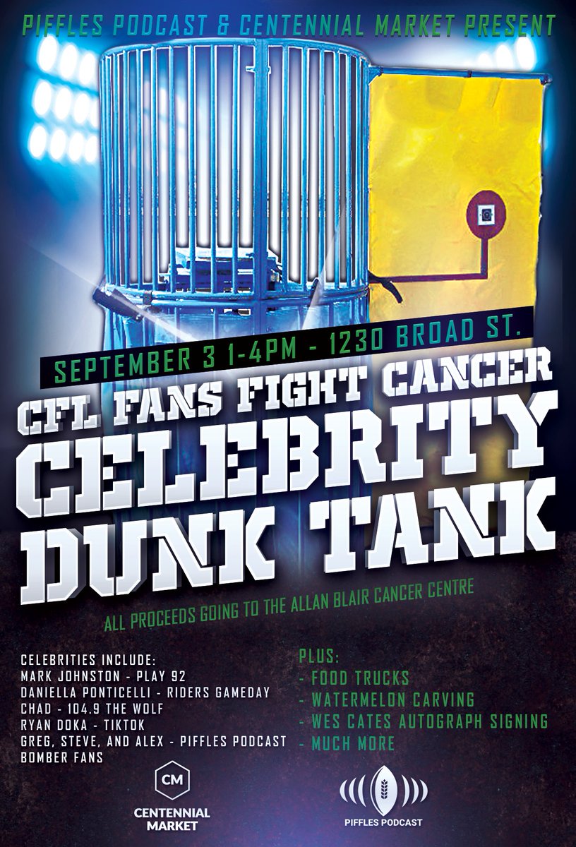 cancerfdnsask's tweet photo. Join @PifflesPod and Centennial Market for the CFL Fans Fight Cancer Celebrity Dunk Tank on September 3rd from 1-4pm!
Can't make it to the event but want to support the Allan Blair Cancer Centre in Regina? Visit:
https://t.co/jUO6Thpu1U https://t.co/2A32CVPdPe