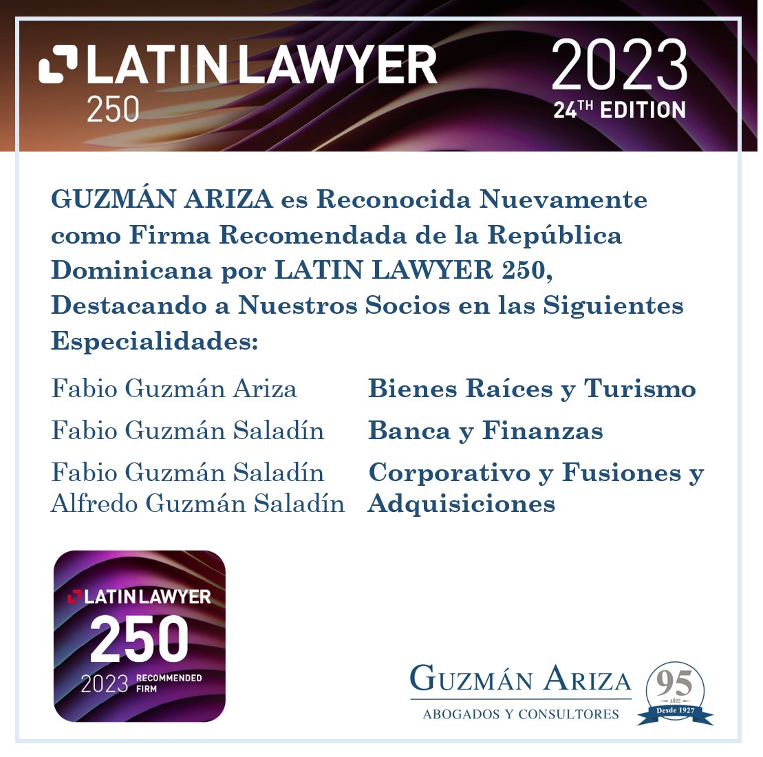 Guzmán Ariza (@guzmanariza) on Twitter photo <a href="/GuzmanAriza/">Guzmán Ariza</a> ha sido reconocida como Firma Recomendada de República Dominicana por <a href="/Latin_Lawyer/">Latin Lawyer</a> 250. <a href="/GuzmanAriza/">Guzmán Ariza</a> ha sido reconocida como Firma Recomendada de República Dominicana por <a href="/Latin_Lawyer/">Latin Lawyer</a> 250.