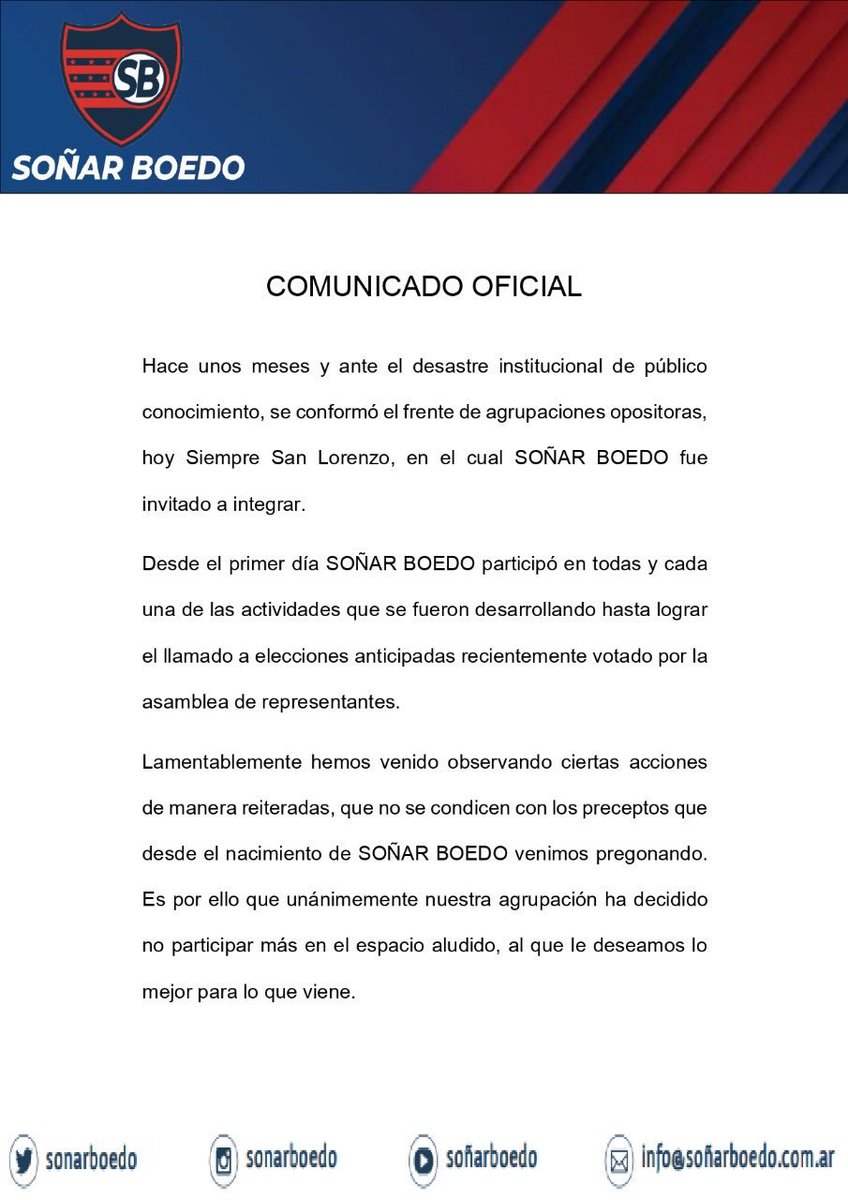 SonarBoedo's tweet photo. COMUNICADO OFICIAL‼️

#SanLorenzo
#SoñarBoedo 
#SomosVos 
💙❤️ https://t.co/WRIFx1xszS