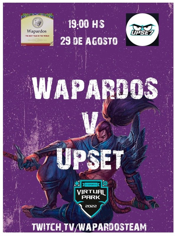 19:00 Arrancan los 16avos de final del Virtual Park Tournament-LoL 
<a href="/WapardosTeam/">Wapardos Team</a> vs #Upset eSports
#goWapardos
