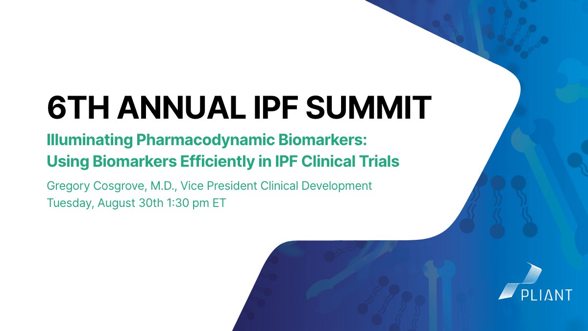 PliantRX's tweet photo. Our Dr. Greg Cosgrove is a featured speaker at this week’s 6th Annual #IPF Summit. We are pleased to share our scientific advancements in the fight against #fibrosis. Learn more https://t.co/nQooml4z4V #idiopathicpulmonaryfibrosis #IPFSummit https://t.co/t5BDYWGtL0