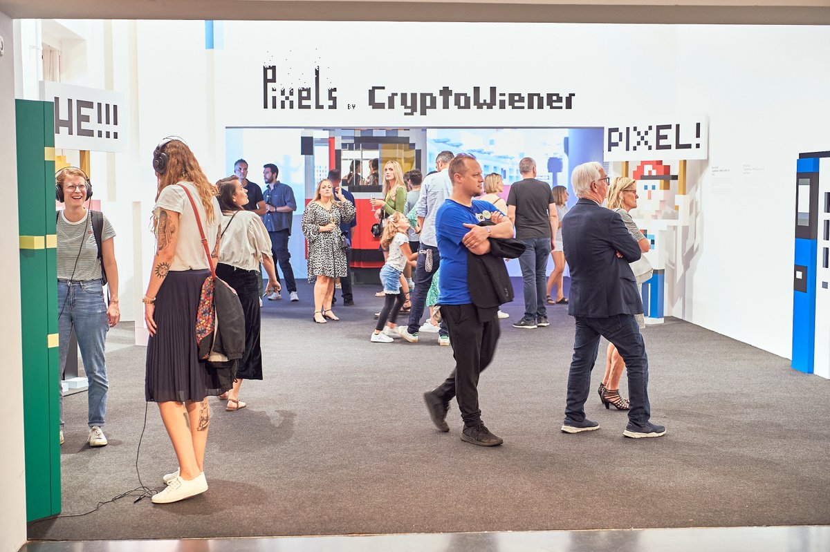 CryptoWiener_'s tweet photo. 1/ Hello friends🍻
The opening of our PIXELS exhibition was a great success, with many smiling people exploring our Little Vienna Metaverse with us in @cryptovoxels and in the real world. The exhibition runs at OK Linz until 26.02.2023, and we are looking forward to your visit! https://t.co/OwNz09VyEg