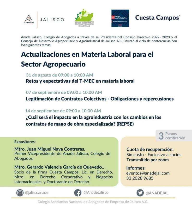 Te invitamos al ciclo de conferencias de: 𝗔𝗰𝘁𝘂𝗮𝗹𝗶𝘇𝗮𝗰𝗶𝗼𝗻𝗲𝘀 𝗲𝗻 𝗺𝗮𝘁𝗲𝗿𝗶𝗮 𝗹𝗮𝗯𝗼𝗿𝗮𝗹 𝗽𝗮𝗿𝗮 𝗲𝗹 𝘀𝗲𝗰𝘁𝗼𝗿 𝗮𝗴𝗿𝗼𝗽𝗲𝗰𝘂𝗮𝗿𝗶𝗼 que tendrá como ponente a nuestro socio Gerardo Valencia. ¡No te lo pierdas! Regístrate en: bit.ly/3pUvr10