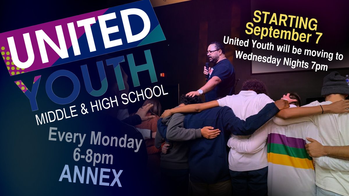 JDM_CC's tweet photo. LAST NIGHT OF UNITED YOUTH ON MONDAYS!
Come TONIGHT and celebrate our move to Wednesday nights.

💥STARTING SEPTEMBER 7, UNITED Youth will be moving to Wednesday Nights at 7pm💥

📣 SPREAD THE WORD!

#JDMCC #Destrehan #UNITEDYouth #TakingOverMondays https://t.co/ixNoHz3Rmq