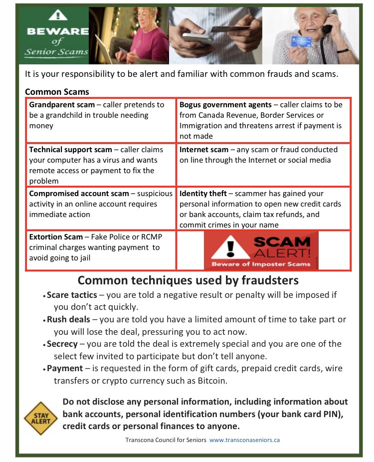 TransconaSenior's tweet photo. Beware!  Scams and Frauds are prevalent.  Protect yourself! https://t.co/3yk4HB96rM