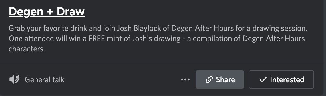 Join <a href="/joshblaylock/">Josh Blaylock: Grand Rapids Comic-Con Nov 14-16</a> of <a href="/AfterHoursDegen/">Degen After Hours - MINTING NOW!</a> tonight at 7pm CT/8pm ET to Degen + Draw 💥

Grab your favorite drink + meet him in Discord for a live draw where one attendee will win a FREE mint of his exclusive compilation of <a href="/AfterHoursDegen/">Degen After Hours - MINTING NOW!</a> characters: discord.com/events/8344937…