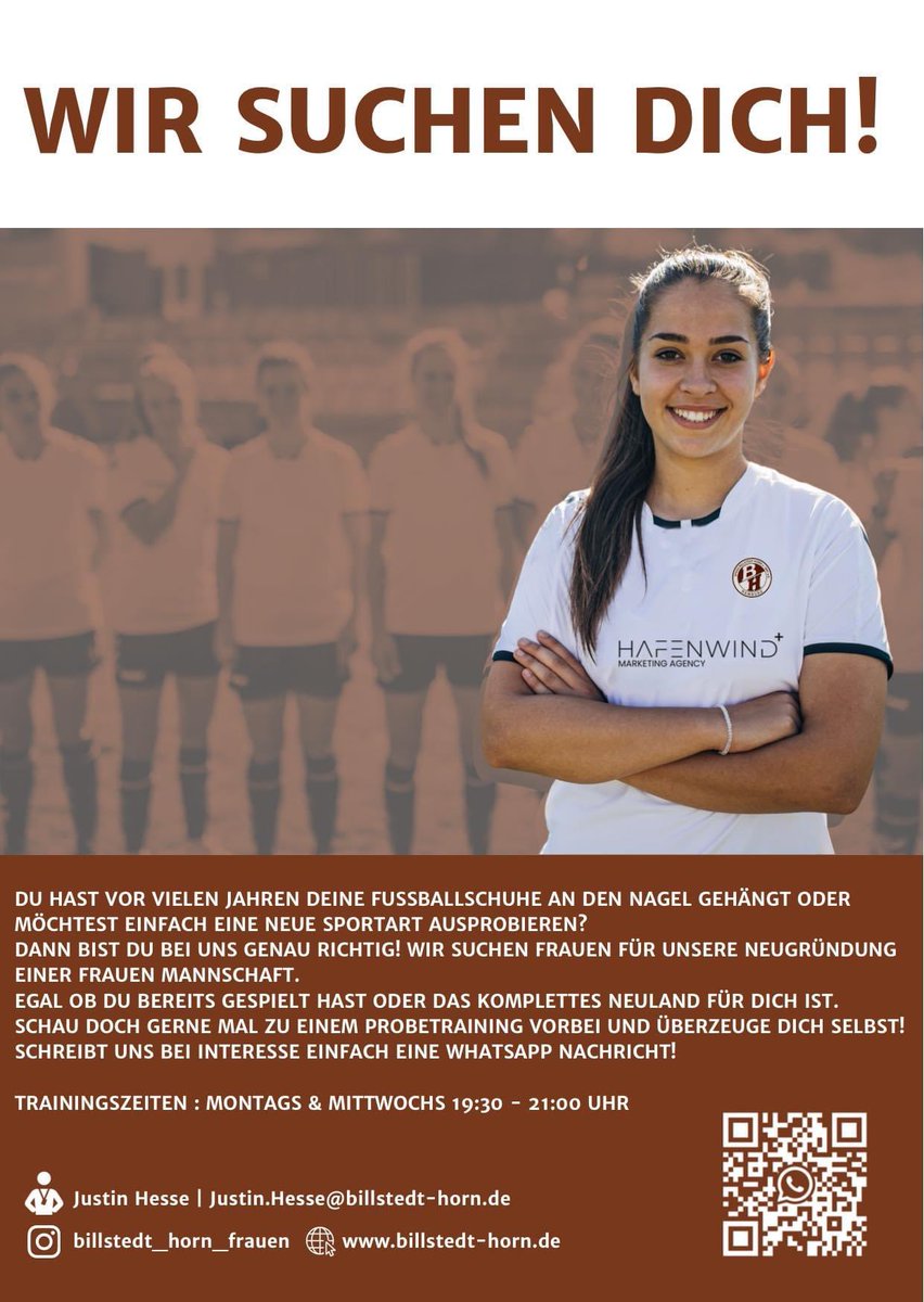 +++ Fußball für Frauen +++

Mädels aufgepasst, wir suchen Dich für unsere neue Frauenmannschaft 🫵🏻 
Du bist zwischen 18 und 40 Jahre alt und hast Bock regelmäßig Fußball in einer Mannschaft zu spielen? 
Denn bist du bei uns genau richtig! 🤎🤍

#Hamburg #frauenfussball