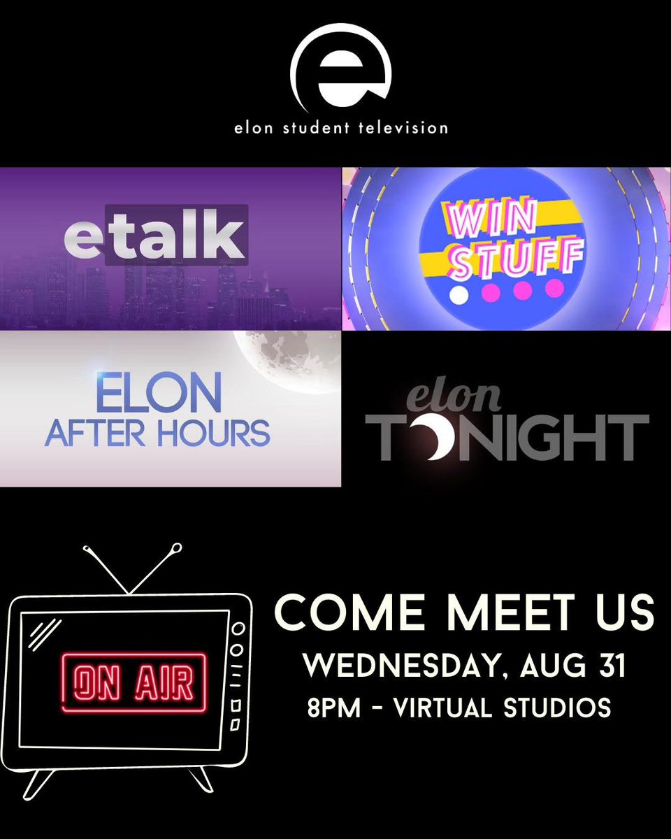 ElonStudentTV's tweet photo. Come to the ESTV Interesting Meeting on Wednesday at 8pm in Virtual Studios. You’ll get to hear from the producers of all 4 shows and learn how YOU can get involved and even pitch your own show! https://t.co/TDcFR9Ojts