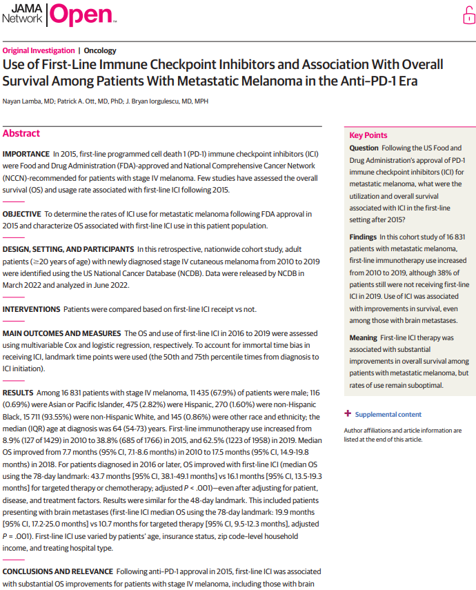 🆕Check out this NCDB analysis by #HROP resident @NayanLamba, Dr Patrick Ott, and Dr Bryan Iorgulescu in @JAMANetworkOpen part of @JAMANetwork describing overall survival with and utilization rates of first-line ICI among patients with metastatic melanoma: ja.ma/3pRn5qS