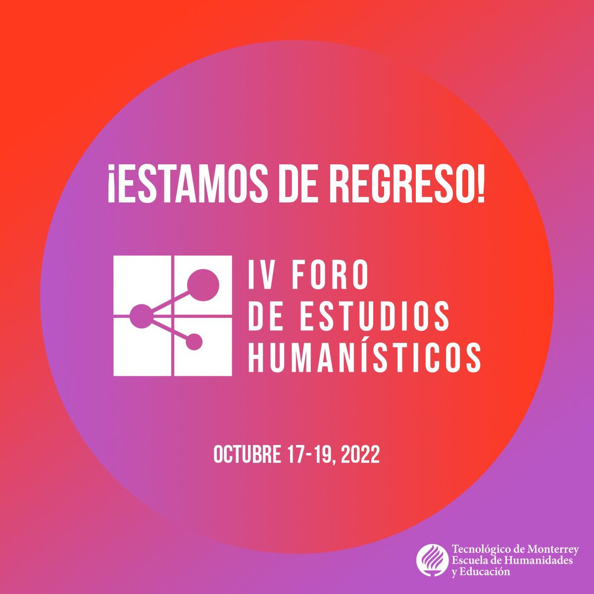 foro_deh's tweet photo. ¡Estamos de regreso!
IV Foro de Estudios Humanísticos
Communitas. Diálogos sobre un futuro colectivo. 💬
📆 17-19 de octubre de 2022
#forodeh #comunidades #eheitesm #humanidades https://t.co/WhznEkzpHy