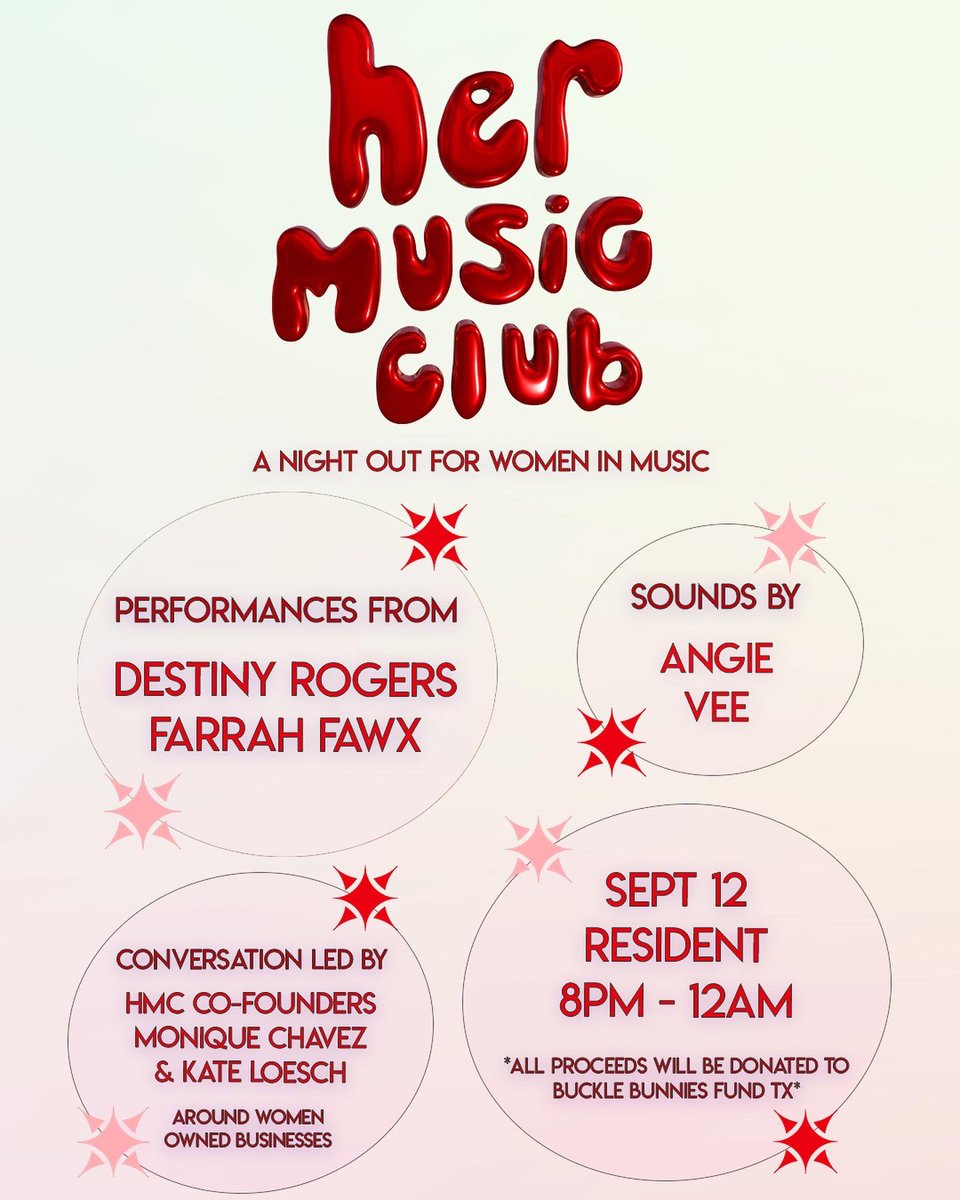 hermusicclub's tweet photo. Our welcome back event is finally here Sept 12 @ResidentDTLA and we are so excited! Performances from @destinyrogers &amp; @FarrahFawx + sounds from @DJANGIEVEE. Proceeds will be donated to Buckle Bunnies Fund, a TX wide reproductive justice mutual aid collective. https://t.co/jM0yKmHWBN