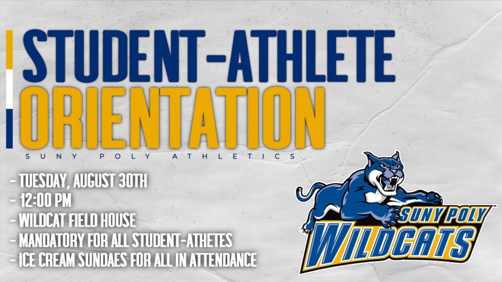 🟡🔵REMINDER FOR ALL SUNY POLY STUDENT-ATHLETES! 
Student-athlete orientation is TOMORROW! 📅
Yes, you read that right, we have FREE ice cream 🍦🍨😺