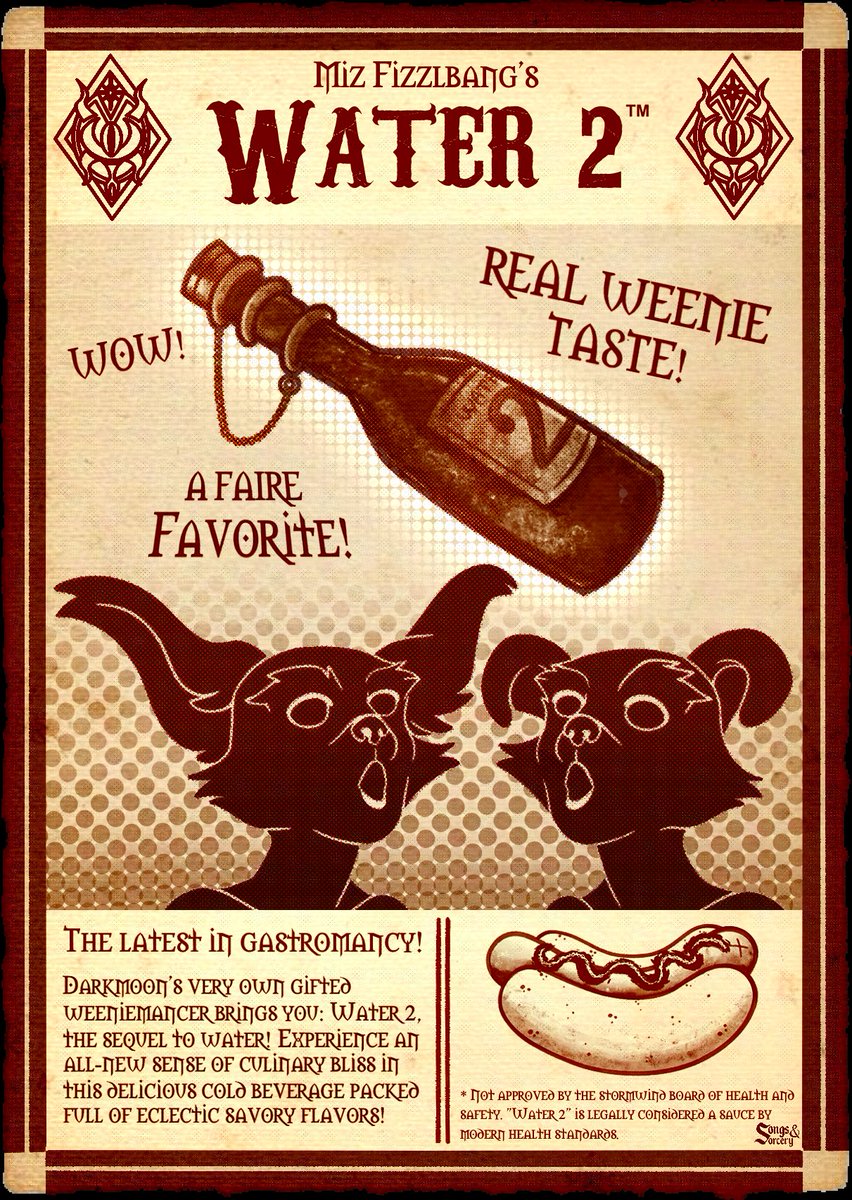 It's savory! It's new! It's WEENIE-TASTIC! Witness the latest advent in gastromantic cuisine: WATER 2™️!

Silly little flyer I made for <a href="/yaranyarai/">it's yska</a> in exchange for a project they're helping me with. Feels really good to make in-character assets again for the first time in awhile!