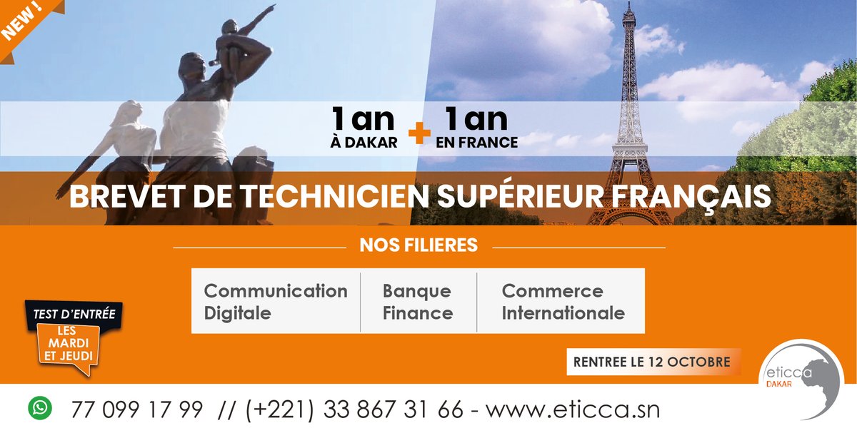 EticcaDakar's tweet photo. [#BTS] Dès cette rentrée 2022-2023, rejoignez le nouveau Brevet de Technicien Supérieur français qui permettra aux étudiants de faire 1 an à DAKAR et 1 an en France.
+ d’infos sur WhatsApp 770991799 ☎️338673166.
#diplômefrançais 
#btsfrance
#Alternance 
#rentrée2022 
#eticcadakar https://t.co/jhe8vxmHvp