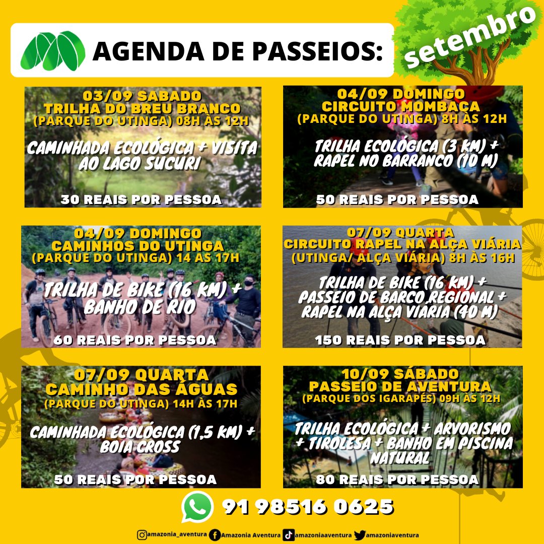 Amazoniaventura's tweet photo. NOVIDADE!!!
Saiu o novo calendário de trilhas, mês de setembro. 😍

As vagas são limitadíssimas, então não vai deixar pra última hora. ✅
.
#calendariodetrilhas #trilhautinga #trilhaparquedosigarapes #utinga #amazoniaaventura #parquedosigarapes #parquedoutinga #turismo #vaiprofy https://t.co/wsuQdPnPfl