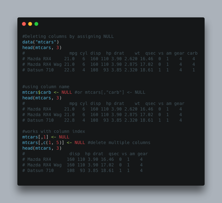 baseRgraphics's tweet photo. There are several ways to delete columns in #rstats 
One of them is by assigning  NULL https://t.co/JTUjqsTTh3