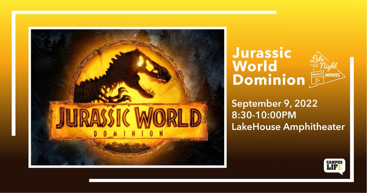 Don't scroll! 🦖 Gather your friends and watch Jurassic World: Dominion at the University Park on Sept. 9 at 8:30PM. Admission is free, and popcorn will be provided! 🍿