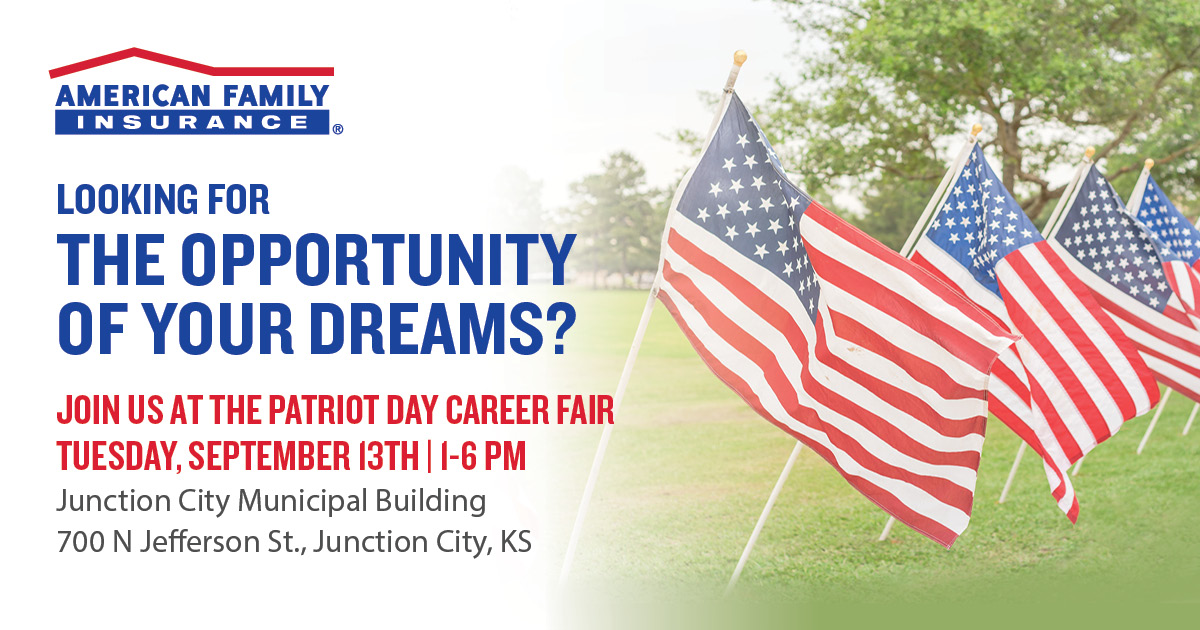 ToddStraub1's tweet photo. We’re partnering with Kansas Works Workforce Center and the Junction City Area Chamber of Commerce to participate in the Sep. 13 Patriot Day Career Fair. Stop by and let’s chat about the opportunity of your dreams @amfam! https://t.co/Mf4D9rVAqA