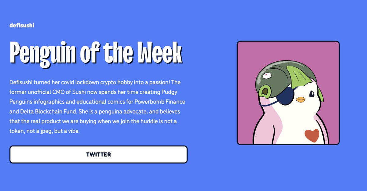 PudgyMedia's tweet photo. The Penguin of the Week goes to @defisushi!!!

Defisushi is a penguina advocate and is currently a dedicated educator for @powerbombfi. She came for the penguins and stayed for the !vibe.

Check out the Penguin of the Week on Pudgy Media now:
https://t.co/WbmRt1b6Ds https://t.co/R5fyqJ6JSD