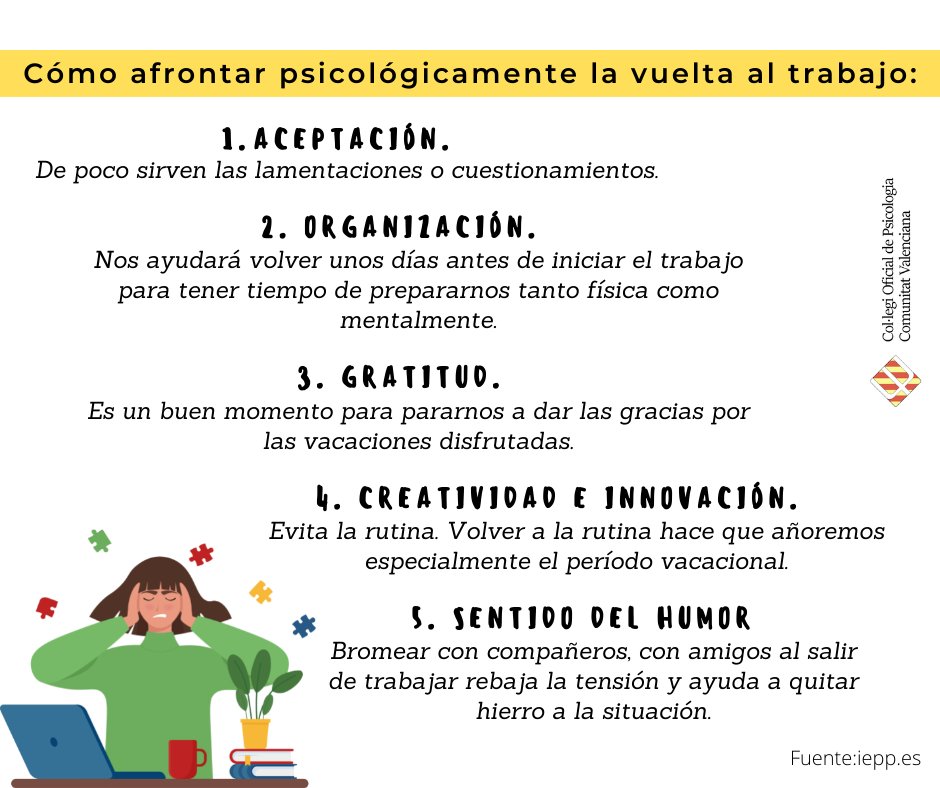 COPCV's tweet photo. Much@s vuelven hoy de las vacaciones! Os dejamos unos consejos para llevarlo de la mejor manera posible ☺️ #vueltaalcole #vacaciones #trabajo #muchocafe https://t.co/BiLB3aLFcK