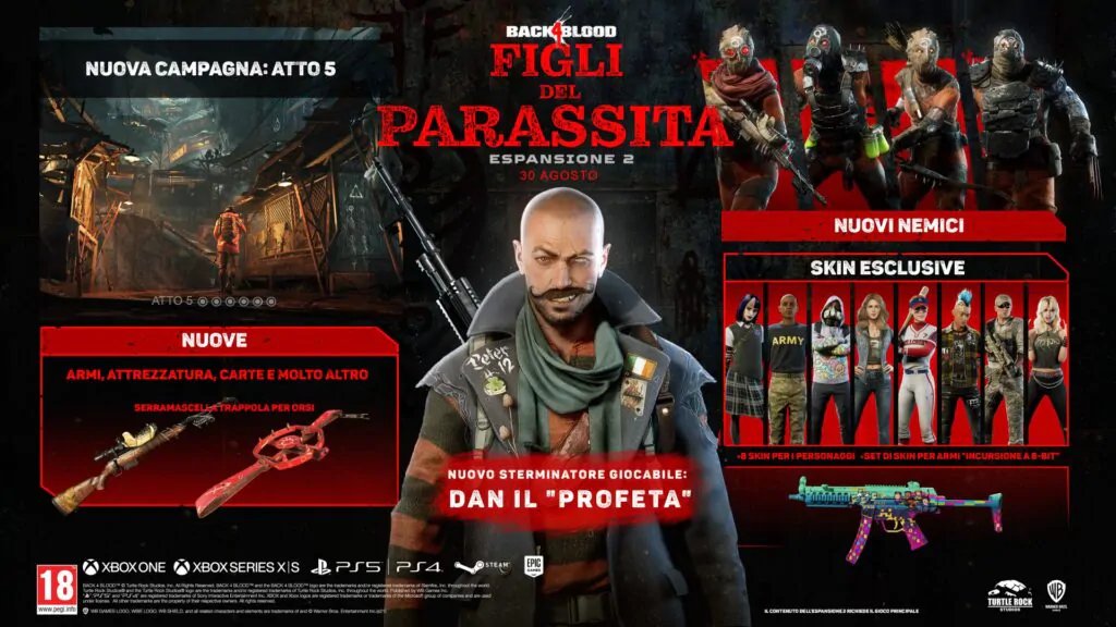 TIMWarfare's tweet photo. Il 30 agosto uscirà finalmente la nuova espansione di Back For Blood: Figli Del Parassita. L'espansione includerà un nuovo personaggio, nuove armi e una una nuova storia da giocare. Per chi ha comprato il pass sarà subito disponibile. https://t.co/w7nXjj6rzE