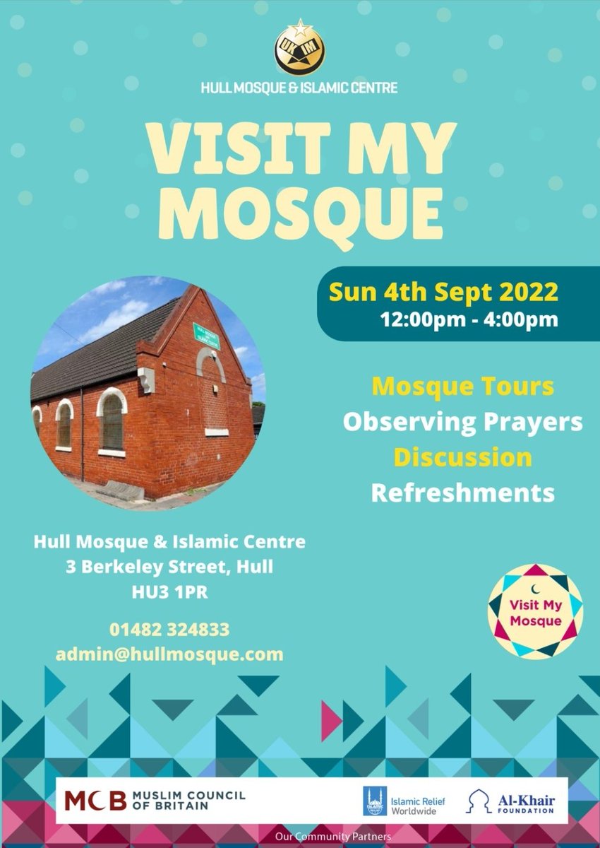 Hull Mosque #visitmymosque open day. This Sunday from 2pm. 

You are all welcome to come and visit, ask questions, have a tour of the mosque and much more! 

Hope to see you all there!