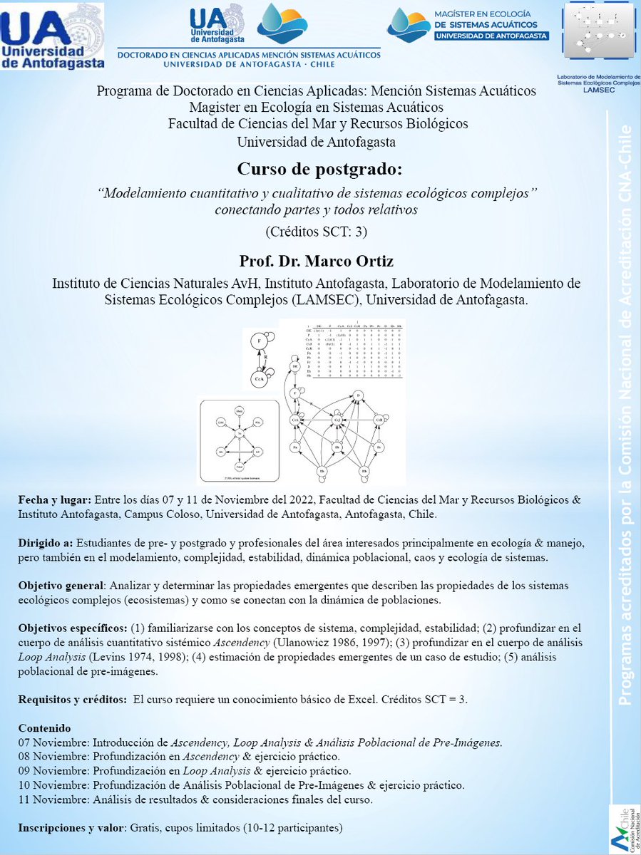 chris_harrod's tweet photo. Curso de postgrado presencial:“Modelamiento cuantitativo y cualitativo de sistemas ecológicos complejos” @udeantofagasta 7-11 de noviembre 2022
Por favor, contacta marco.ortiz@uantof.cl para más información. https://t.co/eZHoW3cXzm