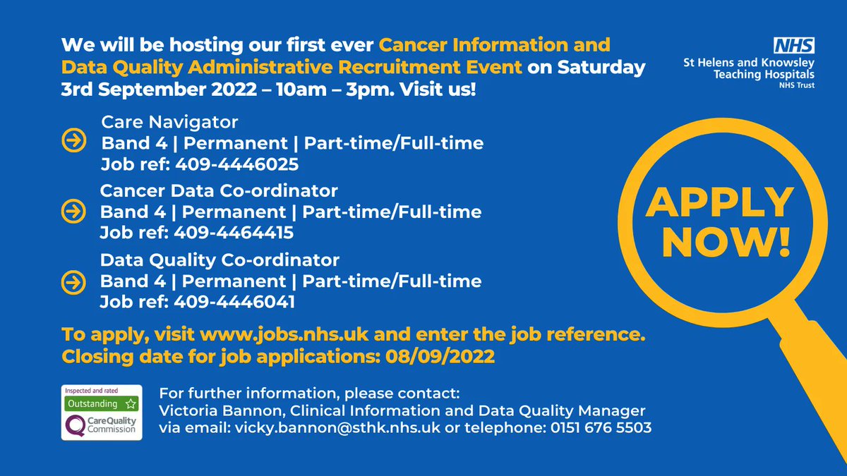 mwl_recruitment's tweet photo. Interested in joining the NHS in a non-clinical role? 🤔 

🚨We will be hosting our first ever Cancer Information and Data Quality Administrative Recruitment Event on Saturday 3rd September 2022 – 10am – 3pm. Come and visit us! 🚨

✅ Apply now via NHS Jobs!

#WeAreTheNHS https://t.co/0victpaVO1