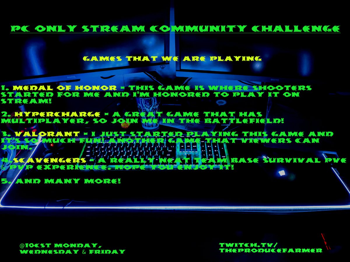 Producefarmer_'s tweet photo. It's happening this week! Thanks to the community for completing this goal! Also shout-out to my awesome team @AnavTsiyr. Go check them all out here https://t.co/qAw4f4b89H. Also let me know if you have any game suggestions to play on PC. #pconly #pcgaming #noconsole https://t.co/NatyGmLwHS