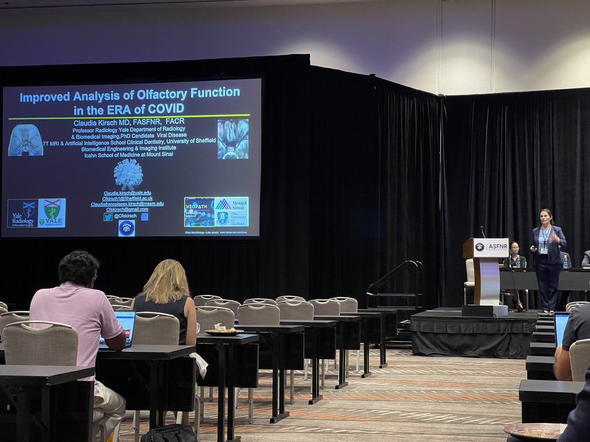 radiology_ninja's tweet photo. Dr. Claudia Kirsch (@CfeKirsch from @YaleRadiology) giving a masterclass on olfaction & COVID for the #NeuroRad at #ASFNR22. Great talk! #iLearnedSomething https://t.co/IOVYHoLlum