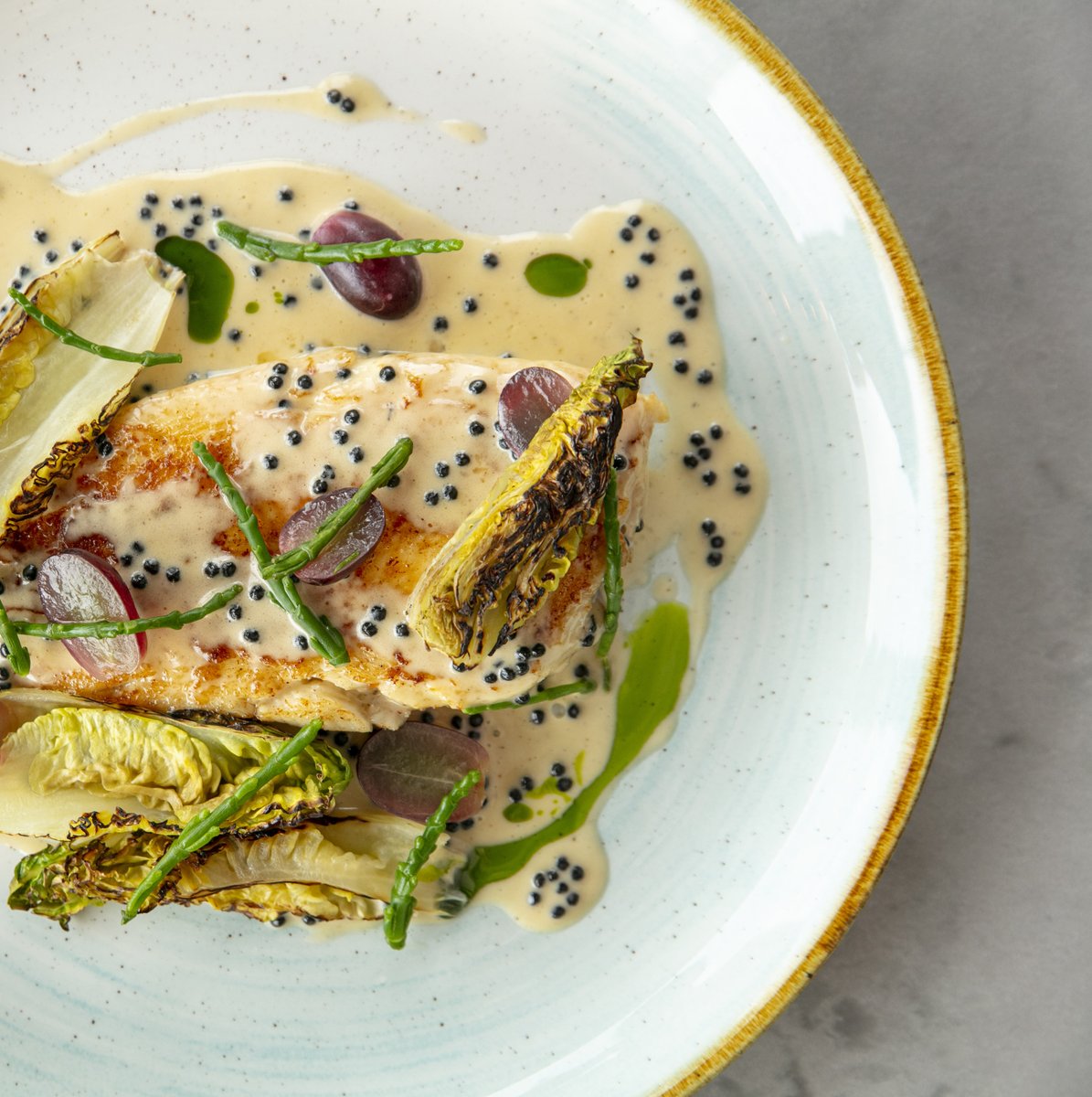 The season’s finest offerings…
Whole Lemon Sole with Charred Lettuce, Grapes, Caviar Butter Sauce