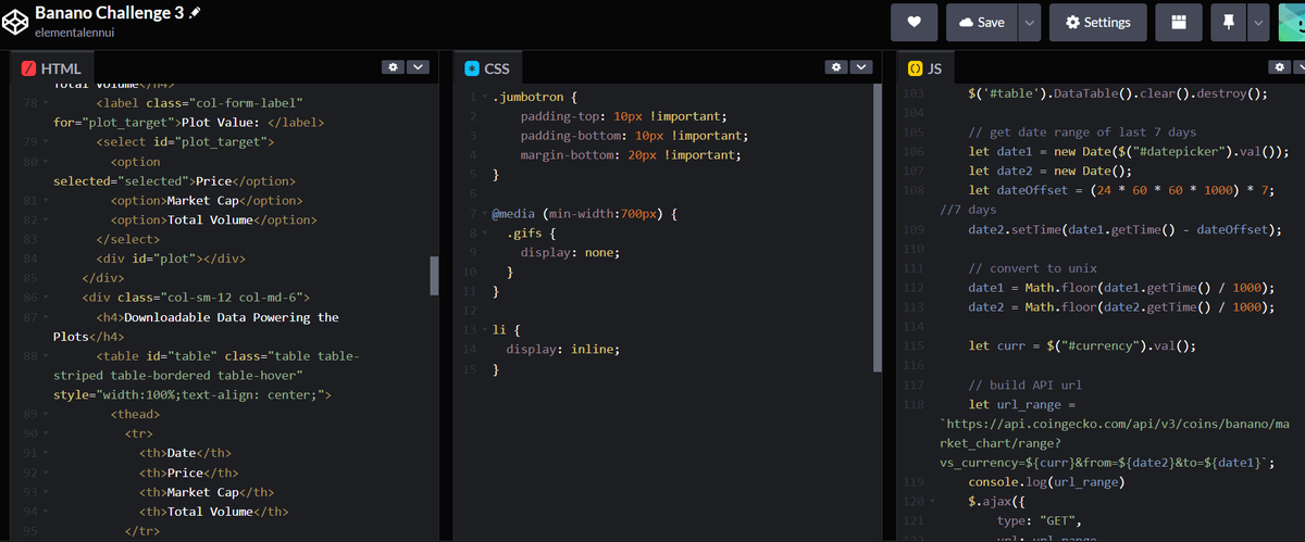 elementalennui's tweet photo. Spent the weekend grinding out @bananocoin's web coding challenge #3. Here's the results:

The prompt was to allow a user to choose a date and then guess the price of $ban on that day. Check it out at the link below!

https://t.co/N8FG3JqHB9 https://t.co/9OQGfiQZeF