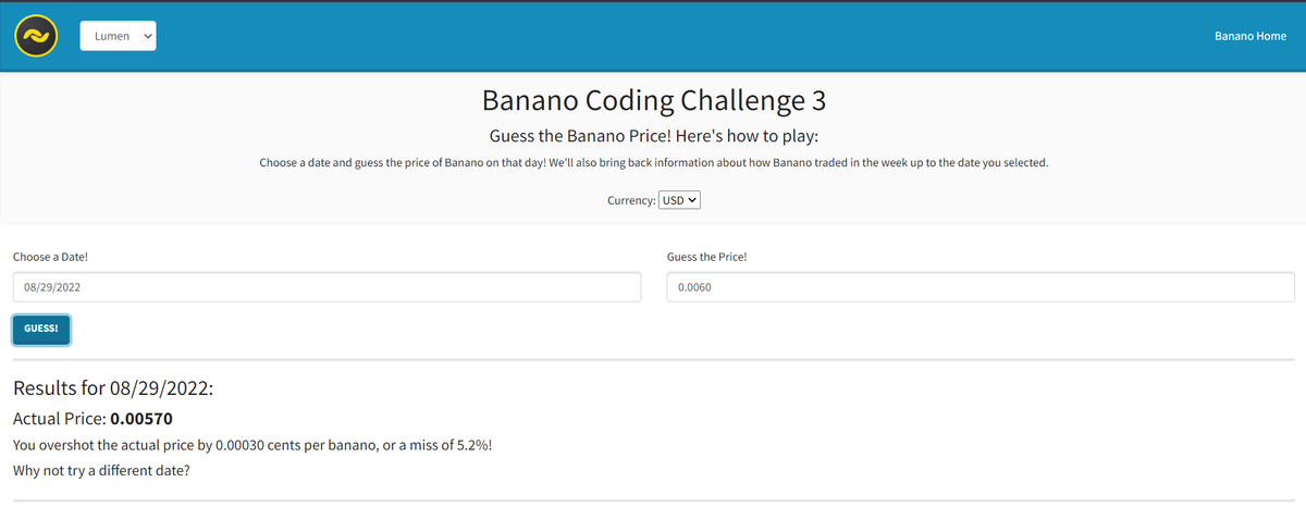 elementalennui's tweet photo. Spent the weekend grinding out @bananocoin's web coding challenge #3. Here's the results:

The prompt was to allow a user to choose a date and then guess the price of $ban on that day. Check it out at the link below!

https://t.co/N8FG3JqHB9 https://t.co/9OQGfiQZeF