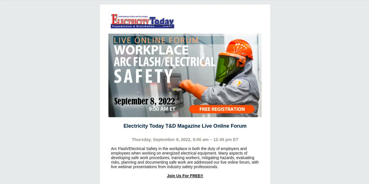 Electrical Industry! Register now for this free live, online forum and gain knowledge on Workplace Electrical Safety / Arc Flash.  Held on September 8th and brought to you by   The Electricity Forum at  buff.ly/2DXn6nh 
buff.ly/3cr9gMS