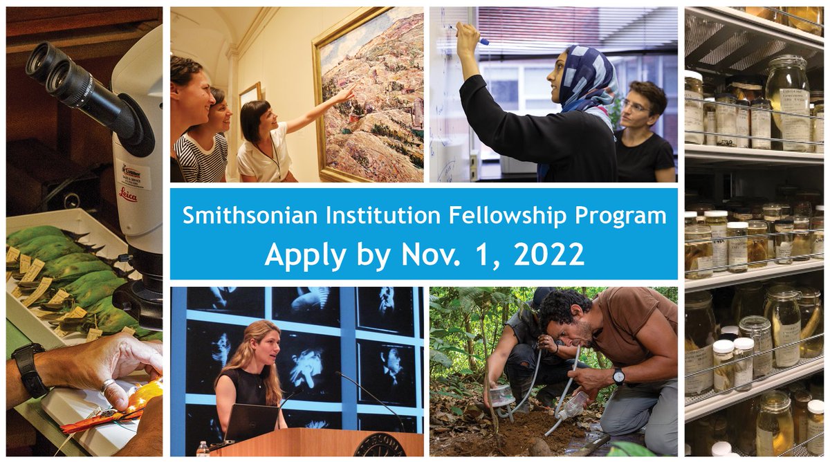Looking for fellowship opportunities @Smithsonian? Applications for the 2023 Smithsonian Institution Fellowship Program are now being accepted. To apply, click on the following link: fellowships.si.edu/opportunity/sm… 
#PostDoc #Predoc #GraduateStudentFellow. <a href="/NMNH/">Smithsonian NMNH</a> <a href="/americanart/">americanart</a> <a href="/NationalZoo/">National Zoo</a>