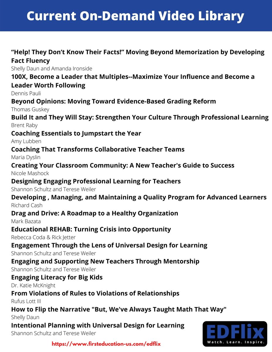 mashockn's tweet photo. We know one of the best things we can do for #teachers is to provide #personalizedPD for them with #EDFlix Affordable &amp; sustainable for districts. Current offerings, with even more on-demand videos coming this fall! #edleadership #adminchat #superintendents  @1stEdResources https://t.co/1AtEkqvLOz