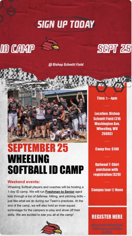 WheelingU_SB's tweet photo. Our ID Camp is approaching! High school students interested in playing college softball, you’re not going to want to miss this! Going to learn a lot, interact with our team and coaching staff, and show off your skills in a scrimmage at the end! Register with the link in our bio https://t.co/NFuSmN0Ljn