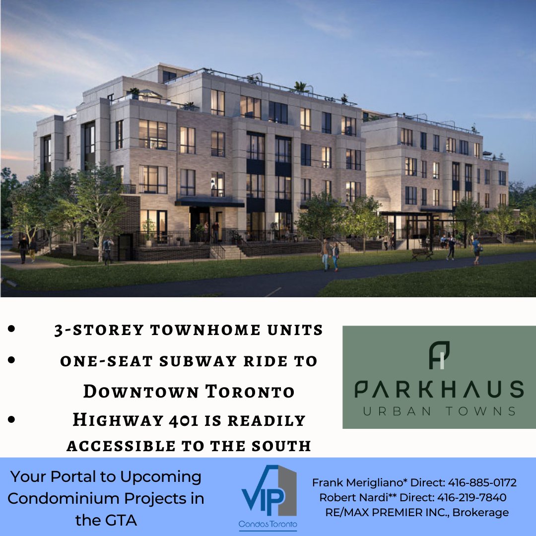 The new ParkHaus Urban Towns will be situated in North York’s Newtonbrook neighborhood - putting residents just steps away from amenities such as Finch subway station and the Finch Hydro Trail. Release is scheduled for this fall - more info here: vipcondostoronto.net/property/parkh…