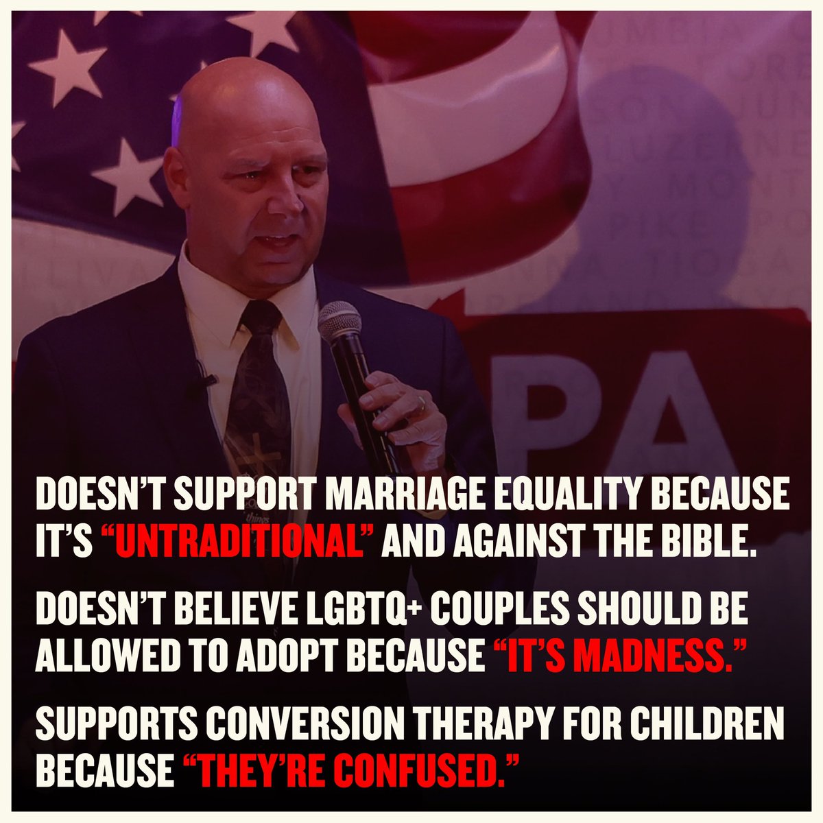 JoshShapiroPA's tweet image. Doug Mastriano is against marriage equality and believes LGBTQ+ couples should not be able to adopt. He called it “madness.”

And he’s in favor of conversion therapy for children.

Know that.