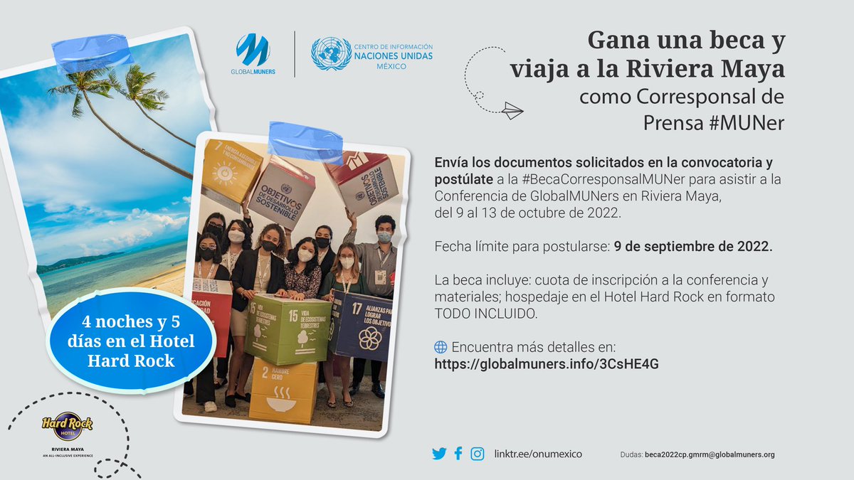 globalmuners's tweet photo. ¿Eres estudiante universitario/a, tienes una destacada trayectoria #MUNer y te interesa aprender sobre periodismo? 🌎📰📸📹
👉 En colaboración con el @CINUmexico, te invitamos a postularte para la #BecaCorresponsalMUNer en #GMRM2022.
ℹ️https://t.co/mbGXxV1mL9
@ONUMX #RockAsMUNer https://t.co/xtUkCVpTXC