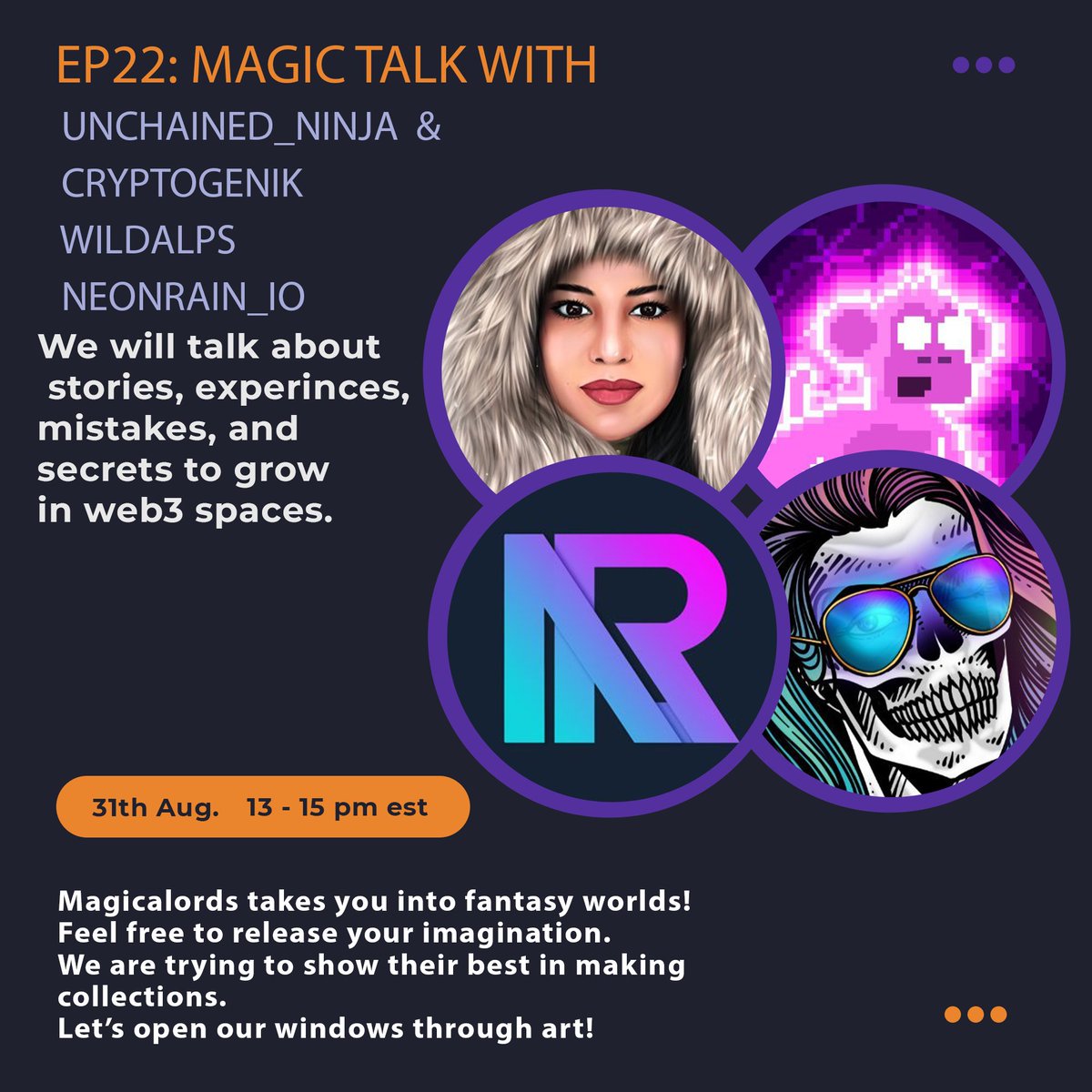 EP22:MagicTalk🪄  
Are we on fire??? Sure we are💃 
see who we have this time 4 legends  🥳
<a href="/Neonrain_io/">☔️ NeonRain - Decentralized Social NFT Marketplace</a>
<a href="/unchained_ninja/">Unchained Ninja</a>
<a href="/Cryptogenik/">𝘾𝙍𝙔𝙋𝙏𝙊𝙂Ξ𝙉𝙄𝙆</a>
<a href="/wildalps/">Dom 🏔🐐</a>
I'm in the sky now. Let's do a mind-blowing space with my lovely co-hosts 
<a href="/pardis_world/">Pardis Firoozmand 🇮🇷</a> and <a href="/marmarsiyadat/">marmar ᴺᶠᵀ</a> 👇
x.com/i/spaces/1lDGL…