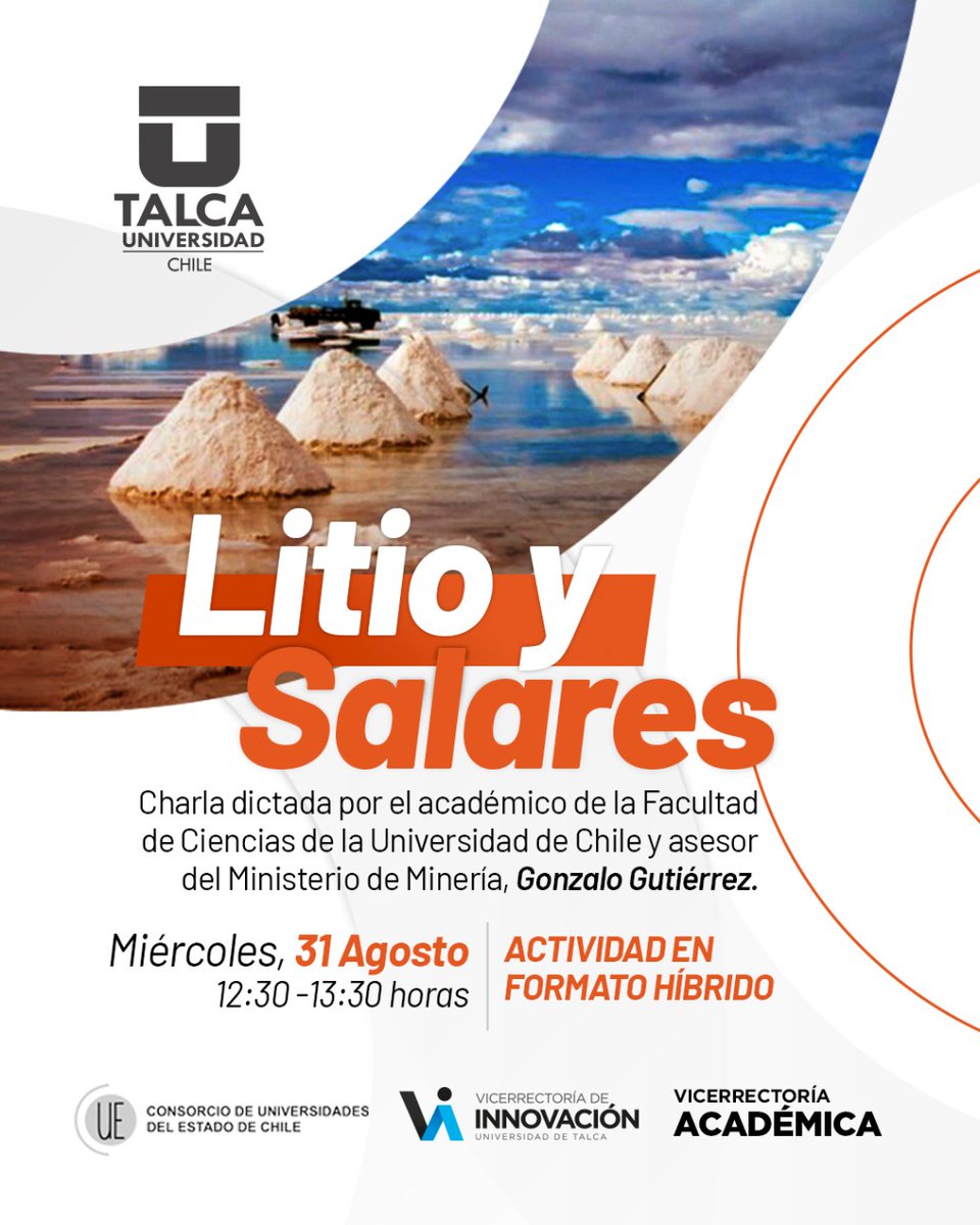 Participa de la charla informativa sobre futuros proyectos a nivel país 🇨🇱 en torno a "Litio y Salares"

Fecha: 31 de agosto

Hora: 12:30 Hrs a 13:30 Hrs
Presencial: Auditorio I+D (Campus Curicó)
Zoom: linktr.ee/viutalca (Visita el Instagram de @viutlaca)