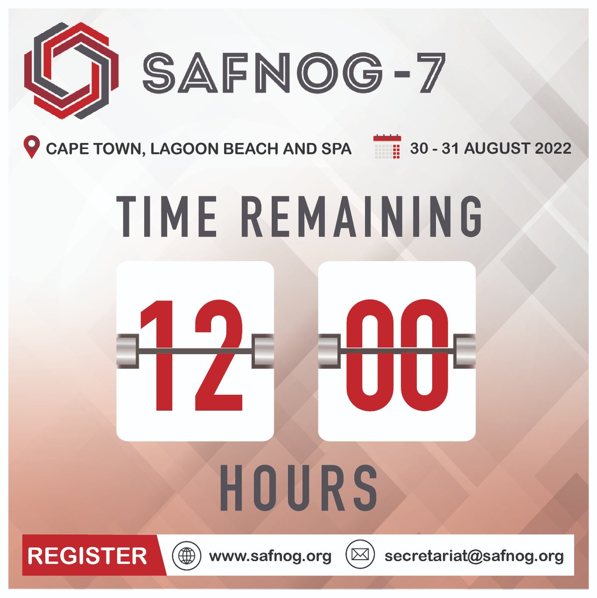 SAFNOG's tweet photo. Just a few hours to go before #SAFNOG7 kicks off! We’re excited to bring the community together again!
#SAFNOG7 #internetcommunity #Registration #capetown #networking #Peering #internet #countdown #conference #network #technology #africancommunity #globalcommunity https://t.co/tAF7cyUdbI