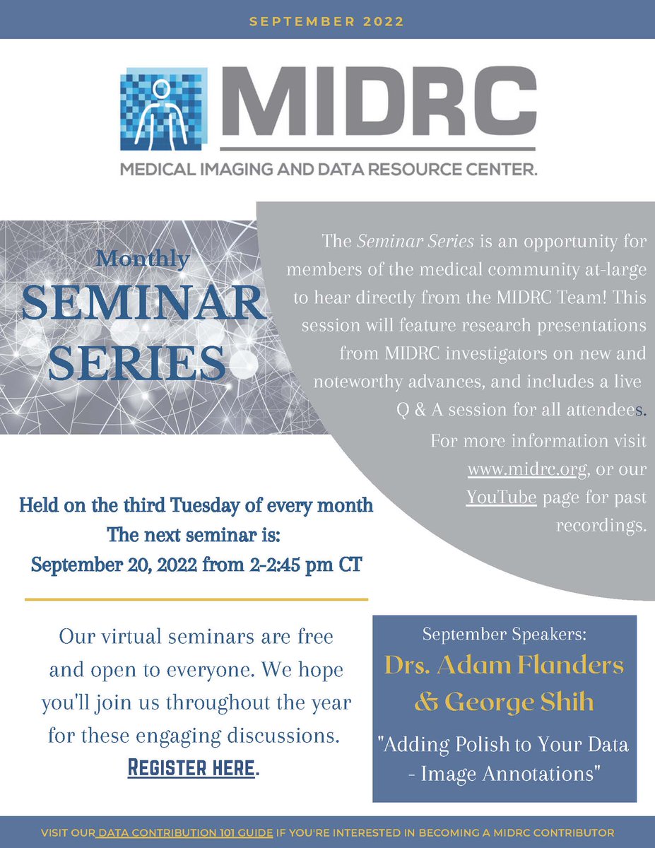 aapmHQ's tweet photo. Stay current w/ @MIDRC_ advances at the FREE virtual seminar 9/20 2pm CT where investigators @BFlanksteak & George Shih will discuss image annotations & adding polish to data! @RSNA @RadiologyACR #MIDRC #MedicalPhysics #MedPhys @JeffersonUniv @WCMRadiology
https://t.co/3zfThjOTxl https://t.co/OYv62sptJK