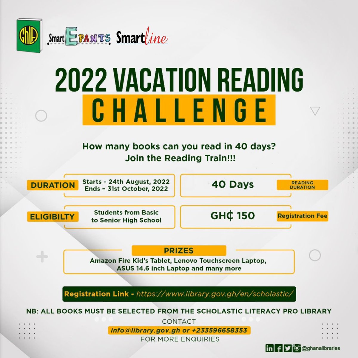 ghanalibraries's tweet photo. How many books can you read this school holiday?
Join this 40-day vacation reading challenge and stand the chance of winning amazing prizes.
Register now at https://t.co/62NcULsdeU
Fee: GHC150 only
More information on the flyer
#2022YearofLiteracy
#UNPSAWinner https://t.co/oEC4nydMVm