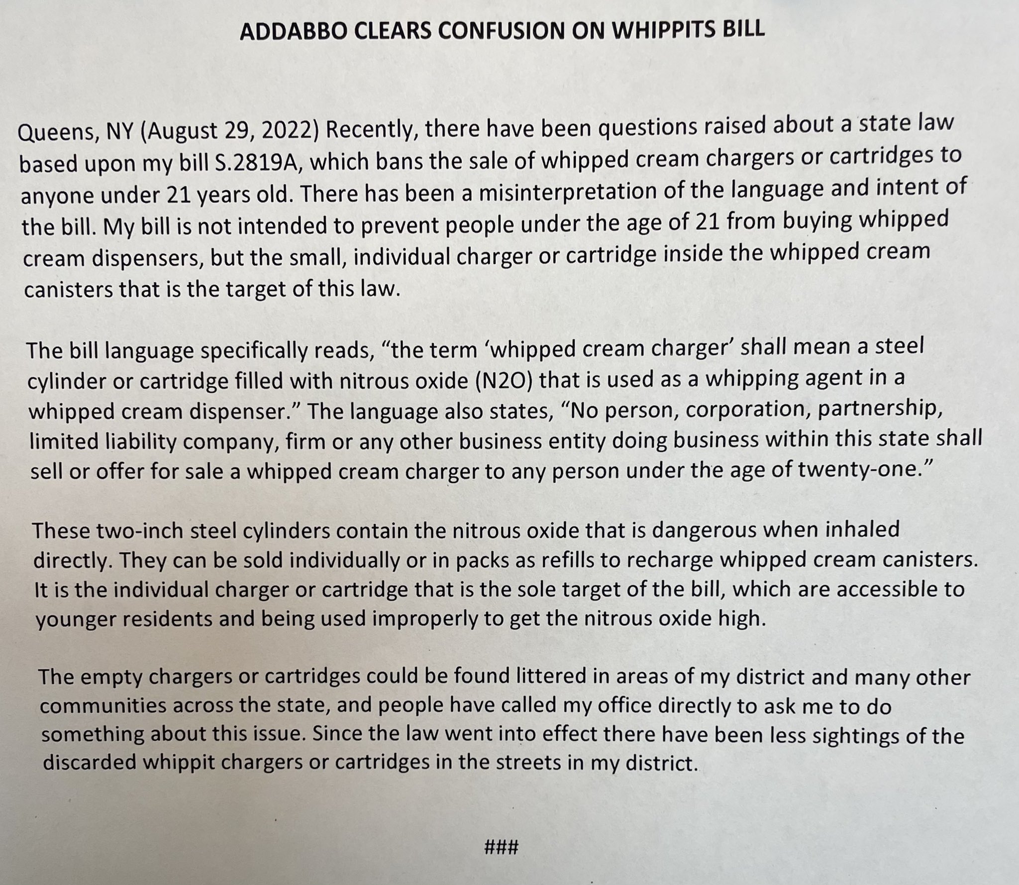 SenatorJoeAddabbo on X: Clarification for the misinterpretation of the  state law regarding the sale of whipped cream canisters, which should be  allowed.  / X