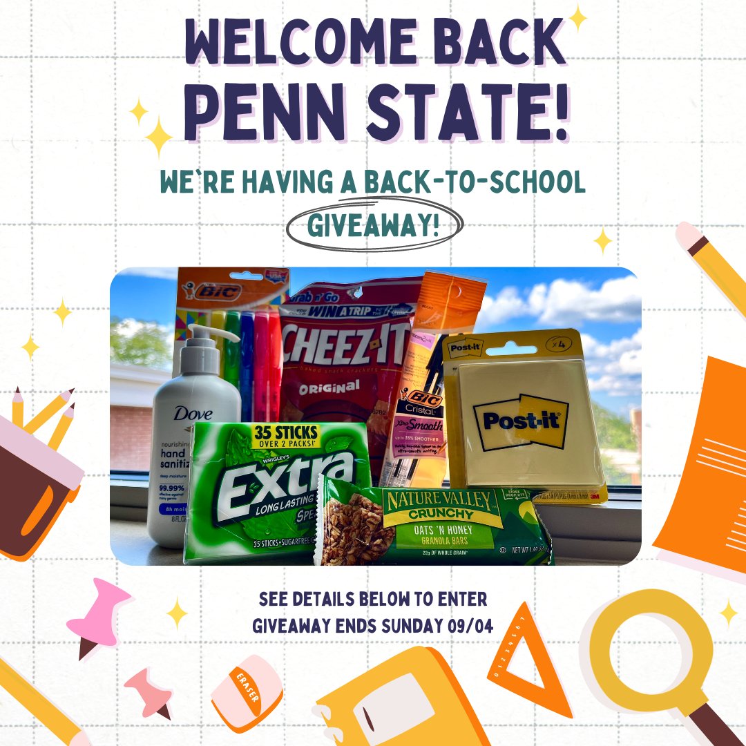 Penn State Campus Dining (@pennstatedining) on Twitter photo Hey Penn Staters, welcome back! We are so excited for this new school year, and hope you are too. This week we are running a giveaway full of back-to-school essentials to get everyone motivated for this semester!
Check out our IG post for more details: instagram.com/p/Ch2bnLSuTdA/… Hey Penn Staters, welcome back! We are so excited for this new school year, and hope you are too. This week we are running a giveaway full of back-to-school essentials to get everyone motivated for this semester!
Check out our IG post for more details: instagram.com/p/Ch2bnLSuTdA/…