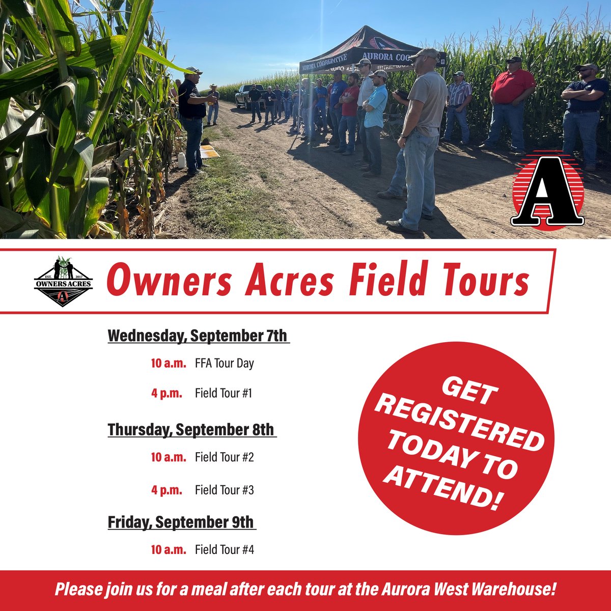 🌽 Join us NEXT WEEK for our Owners Acres Field Tours in Aurora! This year's main topics include soil management and irrigation strategy. Get registered to attend today: bit.ly/3KdQg0R